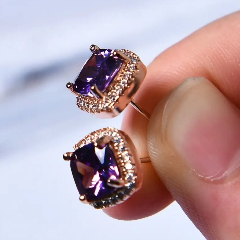 Purple Amethyst Halo Earrings - Picture 5 of 8